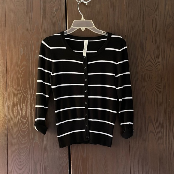 Piña Rossi black with white stripes cardigan sweater. 3/4 sleeves. Size S - Picture 1 of 7